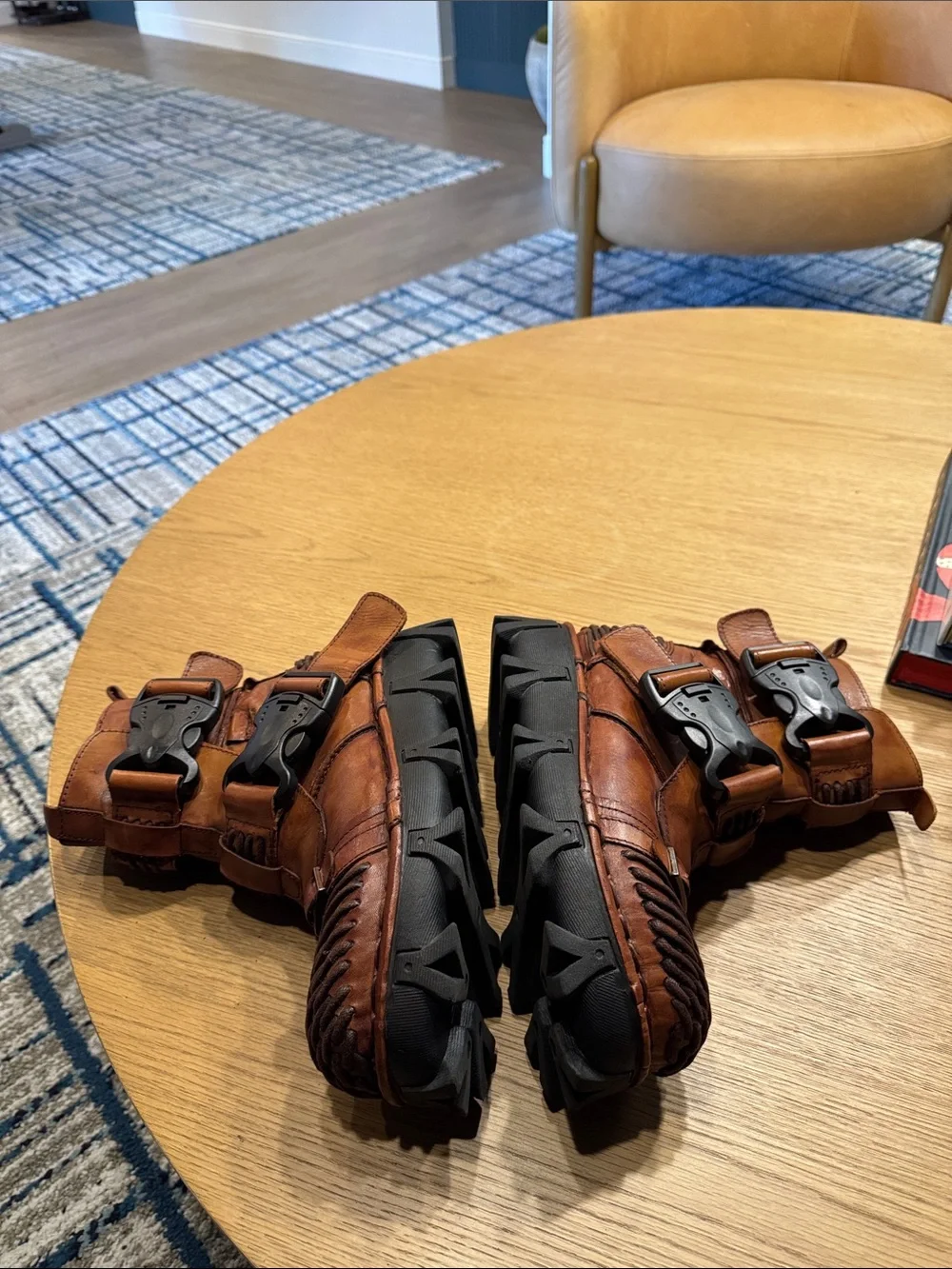 Women's Tan Woven Leather Moto Combat Boots - Picture 8 of 12